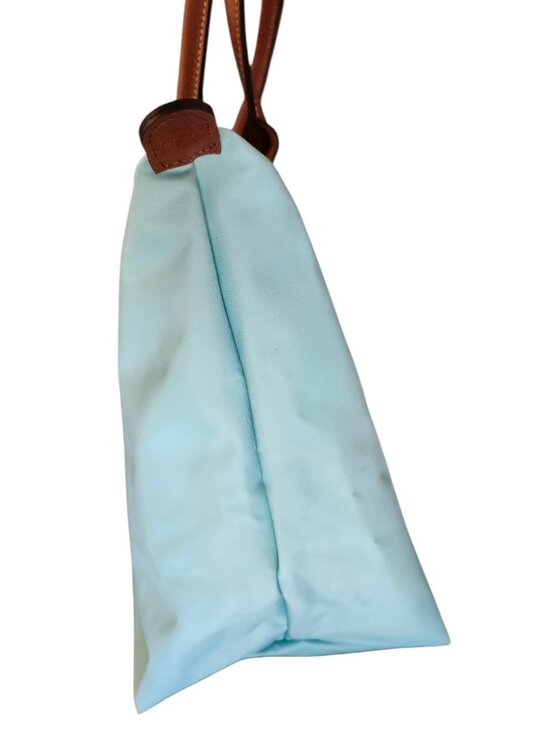 Longchamp Le Pliage Medium Tote Bag Blue Nylon Brown Leather Foldable bag - Picture 7 of 14